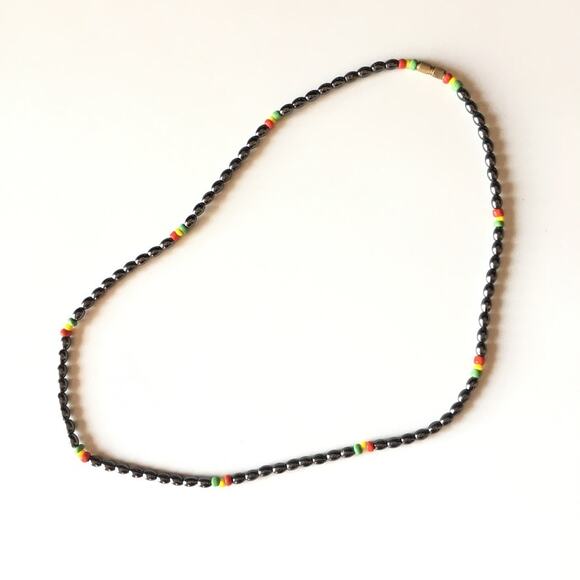 Hematite beaded necklace with red yellow green color pops - Picture 4 of 5